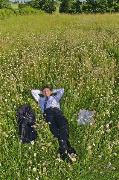 Geschäftsmann Anzug Steht Auf Einer Blumenwiese Und Entspannt — Stockfoto