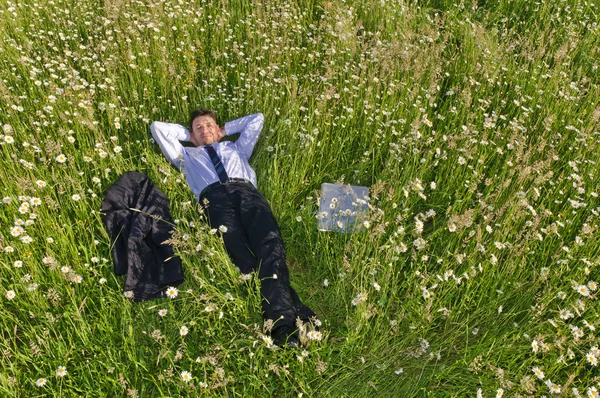 スーツのビジネスマンは 花の咲く草原 リラックス — ストック写真