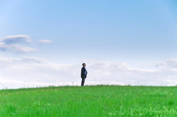 Businessman Suit Standing Meadow Looks Distance Front Clouds Stock Picture