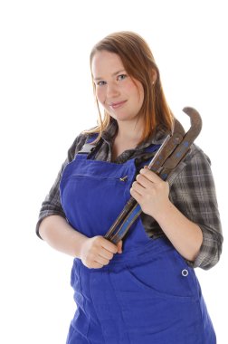 Cute young crafts woman with chain wrench