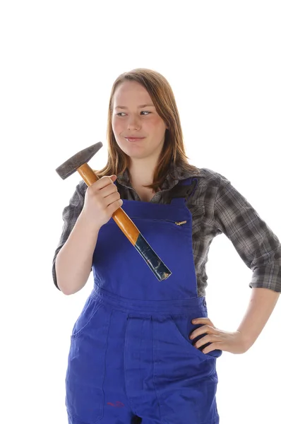 Cute young crafts woman with hammer — Stock Photo, Image