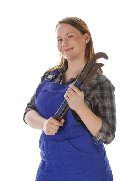 Cute young crafts woman with chain wrench — Stock Photo, Image