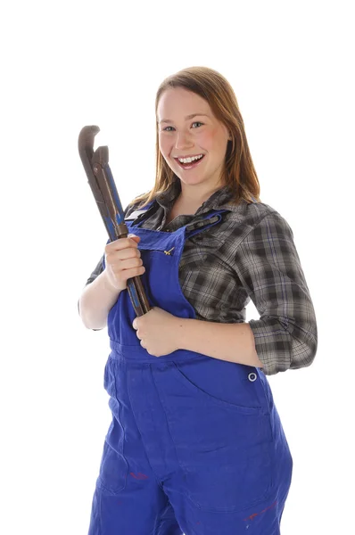 Cute young crafts woman with chain wrench — Stock Photo, Image
