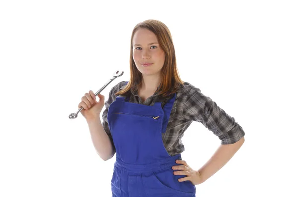 Cute young crafts woman with spanner — Stock Photo, Image