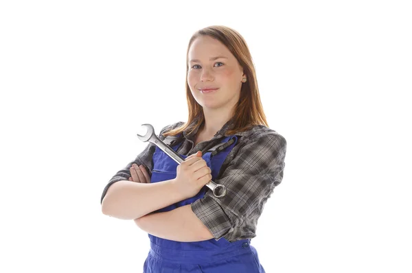 Cute young crafts woman with spanner — Stock Photo, Image