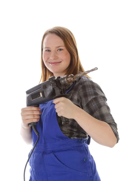 Söt ung hantverk kvinna med borrmaskin — Stockfoto