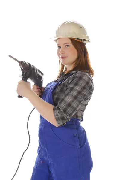 Cute young crafts woman with power drill — Stock Photo, Image
