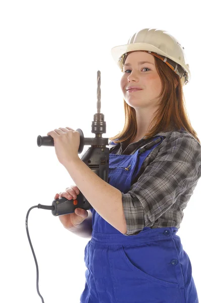可爱的年轻工艺品女人用电钻 — 图库照片