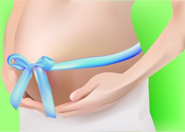 An expectant mother holds hands a stomach. there is a blue ribbo clipart