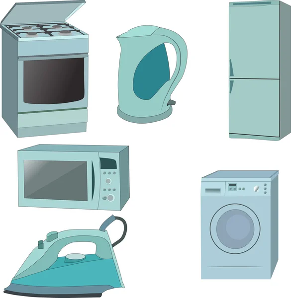 Изолированное железо, микроволновая печь, газовая печь, холодильник, чайник — стоковый вектор