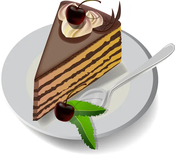 Piece of chocolate cake on a dish — Stock Vector