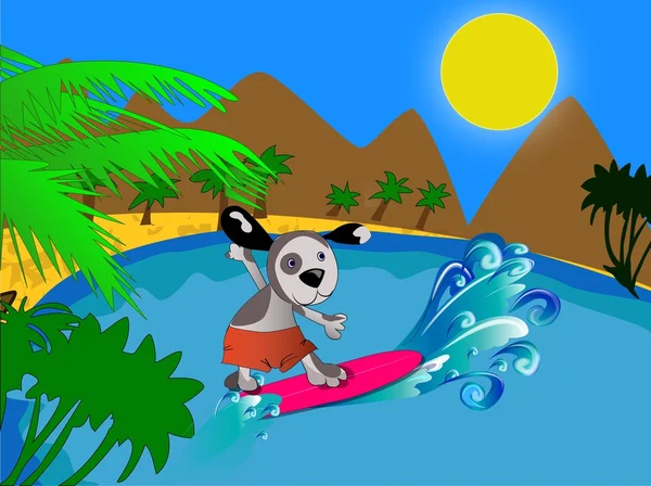 陽気な犬は、サーフィンに取り組んでいます。真夏の太陽の日 ロイヤリティフリーのストックイラスト
