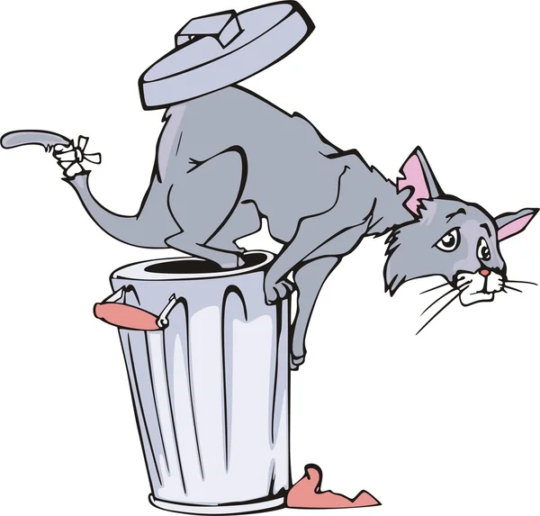 Gatto e rifiuti cestino cartone animato — Vettoriale Stock