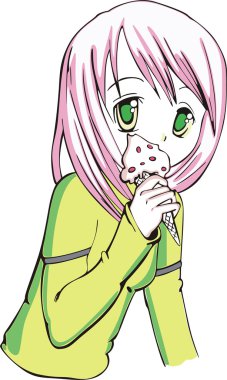 Nice little girl in anime style eating an ice cream. Vinyl-ready Vector EPS Illustration. clipart