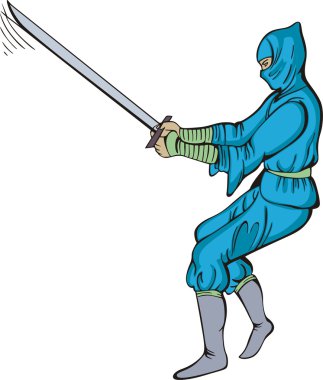 Vector EPS illustration of Japanese ninja striking a combat attitude and holding a sword. clipart