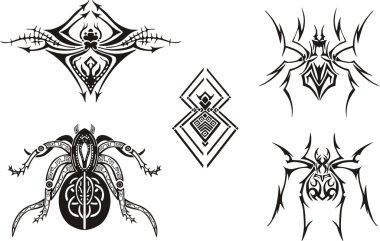 beş basit simetrik siyah beyaz örümcek skeçler dövmeler için en uygun kümesiyle vinil kesim veya t-shirtler. vektör eps çizimler.