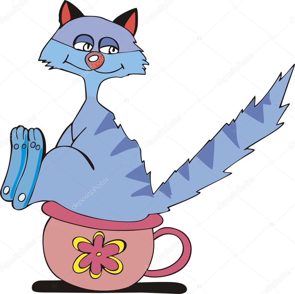 The cat in cartoon style sitting and pissing on a pot. Vector EPS Illustration.