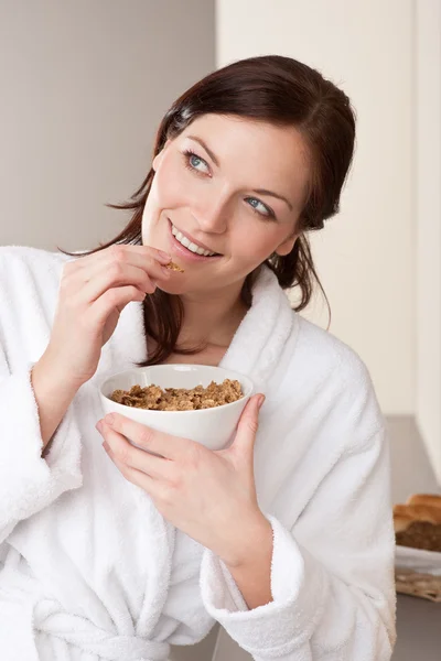 Happy Woman Bathrobe Holding Bowl Cereals Breakfast — Stock Photo, Image