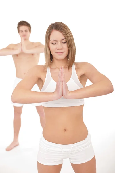 Fitness Gezonde Paar Stretchin Yoga Positie Witte Achtergrond — Stockfoto