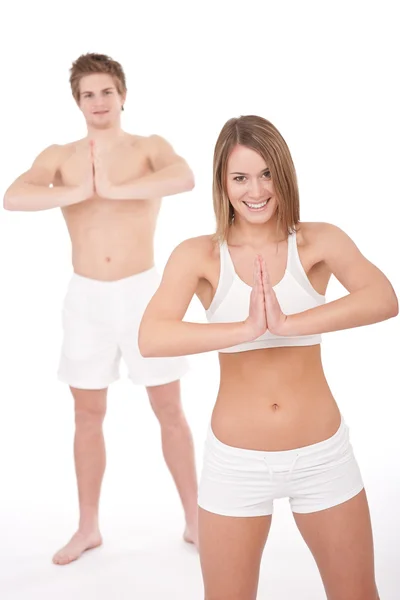 Fitness Estiramento Casal Saudável Posição Ioga Fundo Branco — Fotografia de Stock
