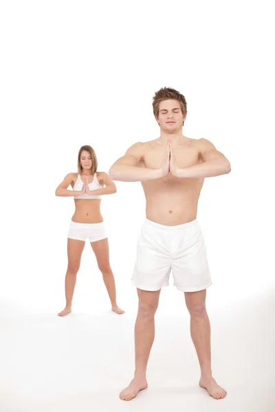 Fitness Gezonde Paar Stretchin Yoga Positie Witte Achtergrond — Stockfoto