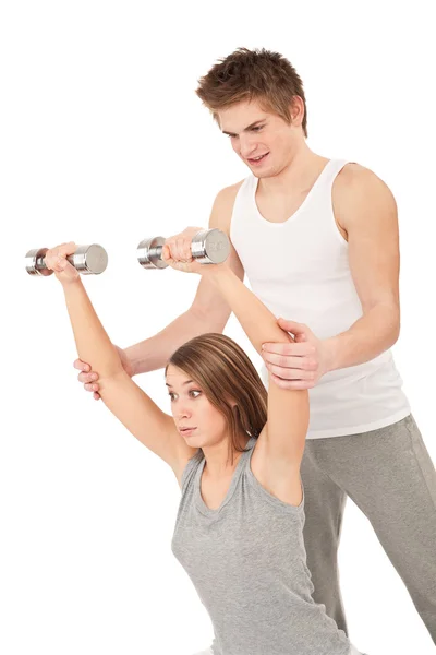 Fitness Mulher Jovem Com Pesos Elevação Instrutor Sobre Fundo Branco — Fotografia de Stock