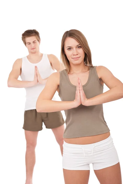 Fitness Unga Friska Par Yoga Position Vit Bakgrund — Stockfoto