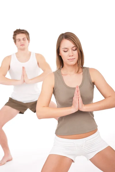 Fitness Jonge Gezonde Paar Yoga Positie Witte Achtergrond — Stockfoto