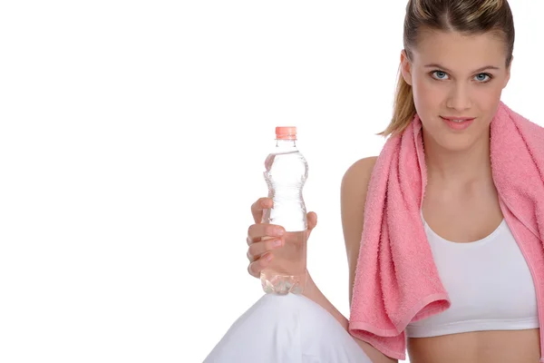 Fitness Junge Sportliche Frau Mit Wasser Und Handtuch Auf Weißem — Stockfoto