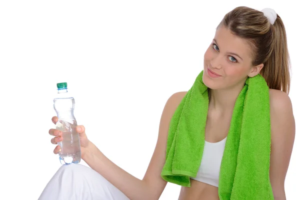 Fitness Ung Sportig Kvinna Med Vatten Och Handduk Vit Bakgrund — Stockfoto