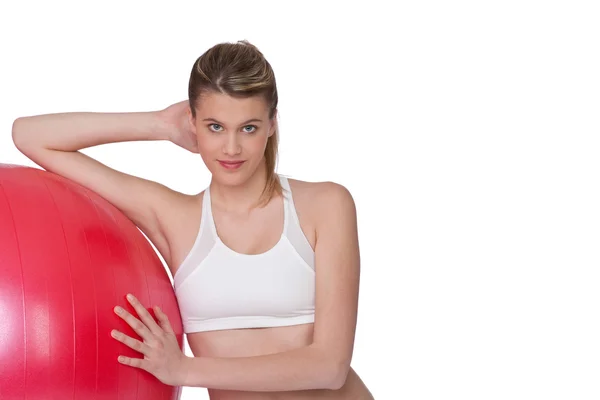 Fitness Jeune Femme Heureuse Avec Ballon Exercice Sur Fond Blanc — Photo