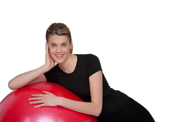 Fitness Young Happy Woman Exercise Ball White Background — Stock Photo, Image