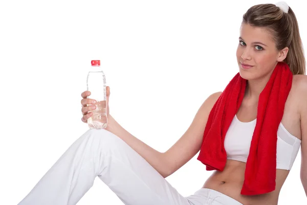 Fitness Young Sportive Woman Water Towel White Background — Stock Photo, Image