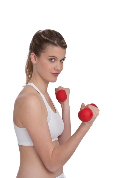体育少妇行使与白色背景上的重量 — 图库照片