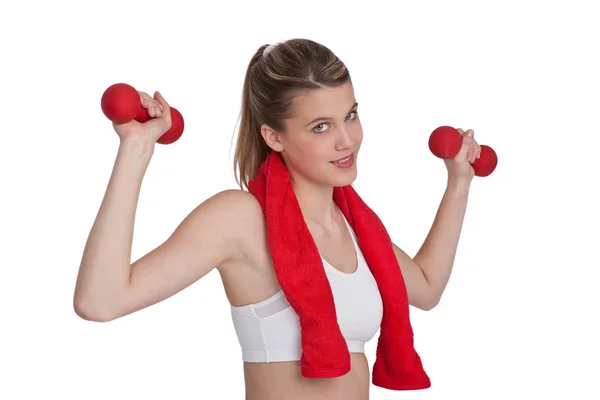 Fitness Młoda Kobieta Sprawny Ćwiczenia Ciężarkami Białym Tle — Zdjęcie stockowe