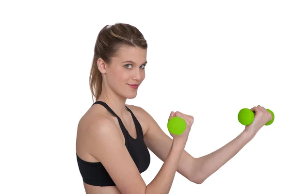 Fitness - Exercício de mulher esportiva jovem com pesos — Fotografia de Stock