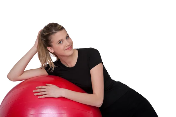 Fitness Young Happy Woman Exercise Ball White Background — Stock Photo, Image