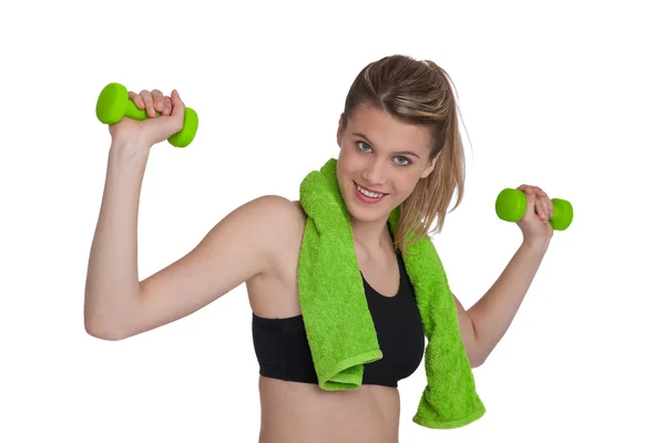 Fitness - Exercício de mulher esportiva jovem com pesos — Fotografia de Stock