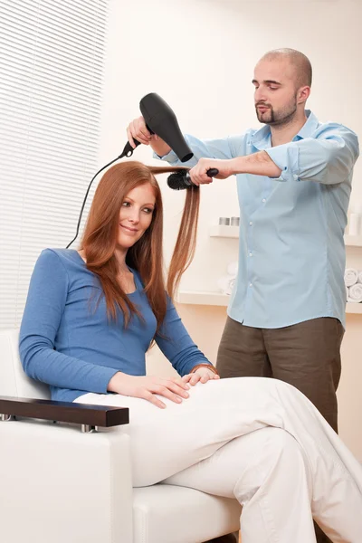 Professional Male Hairdresser Hair Dryer Hair Brush Drying Hair Salon — Stock Photo, Image