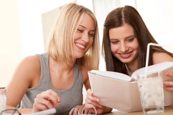 Dos Chicas Sonrientes Viendo Libro Juntas —  Fotos de Stock