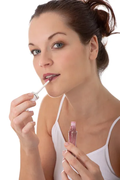 身体护理系列-年轻漂亮的女人的口红的应用 — 图库照片