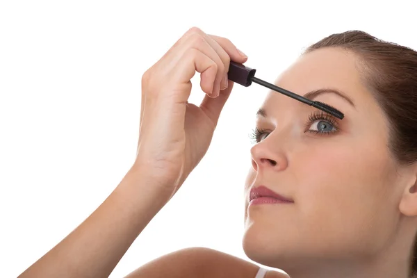 Young Brown Hair Woman Applying Mascara White Background — Stock Photo, Image