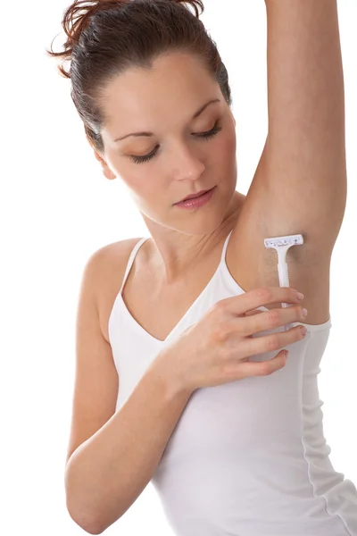 Young Woman Shaving Armpit White Razor — Stock Photo, Image