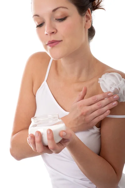 Young Woman Applying Cream Her Shoulder — Stock Photo, Image