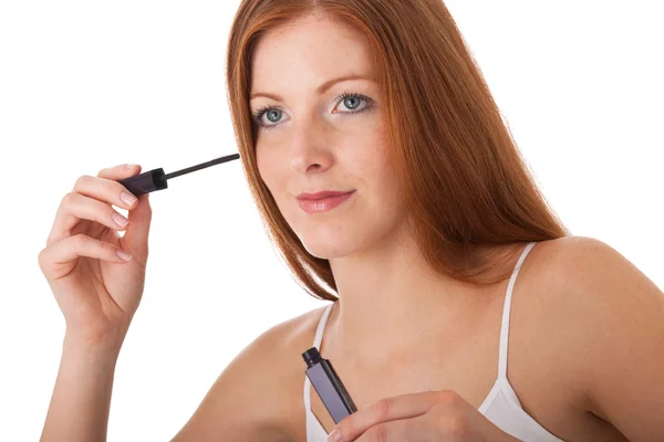 Beautiful Red Hair Woman Applying Mascara White Background — Stock Photo, Image
