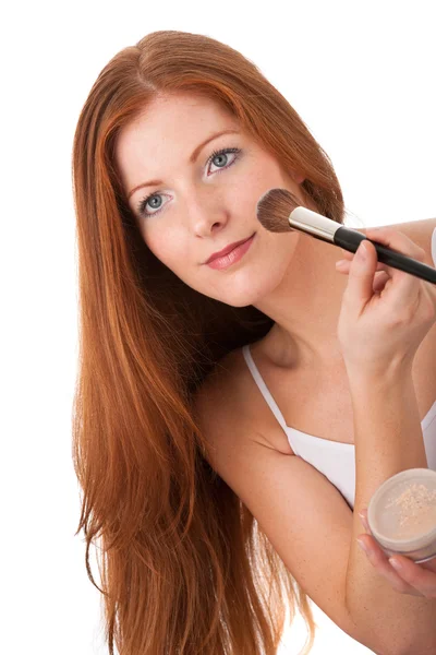 Beautiful Red Hair Woman Applying Powder White Background — Stock Photo, Image