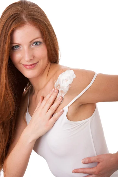 Long Red Hair Woman Applying Lotion Her Shoulder — Stock Photo, Image