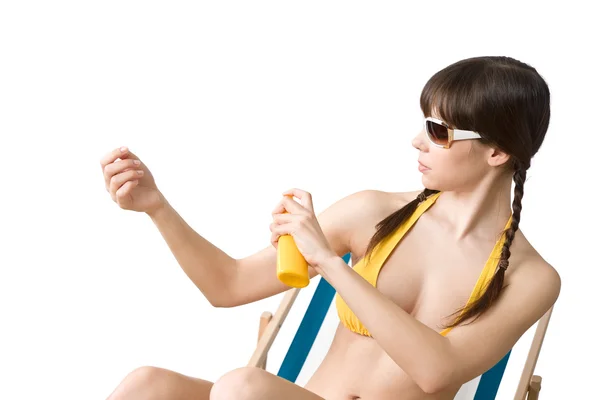 Beach Woman Bikini Sunglasses Apply Suntan Lotion Sunbathing — Stock Photo, Image