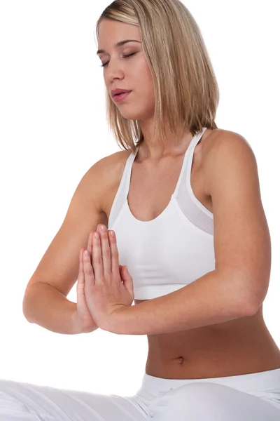 Blonde Vrouw Yoga Positie Witte Achtergrond — Stockfoto