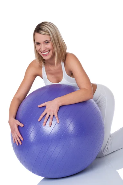 Blond Smiling Woman Purple Ball White Background — Stock Photo, Image